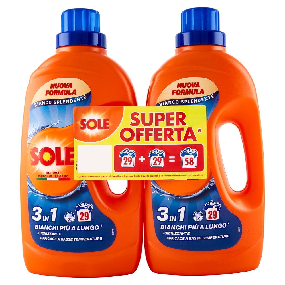 Sole Detersivo lavatrice Bianco Splendente 58 lavaggi 2 x 1,305 L